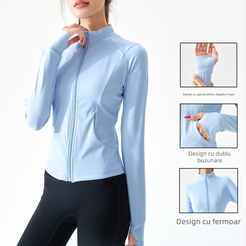 Jachetă de yoga pentru femei cu fermoar, croială slim, mâneci lungi; material exterior: nailon cu 20% elastan, căptușeală: nailon cu 80% elastan; potrivită pentru iarnă, primăvară și toamnă; pentru alergare, ciclism, drumeții
