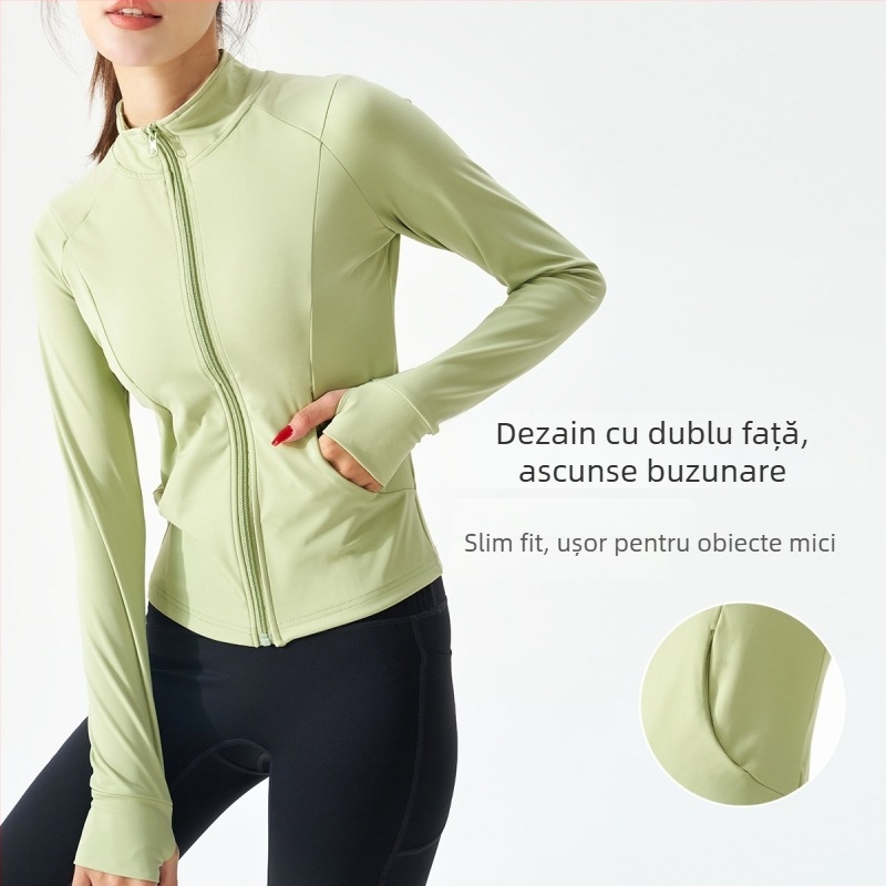 Jachetă de yoga pentru femei cu fermoar, croială slim, mâneci lungi; material exterior: nailon cu 20% elastan, căptușeală: nailon cu 80% elastan; potrivită pentru iarnă, primăvară și toamnă; pentru alergare, ciclism, drumeții