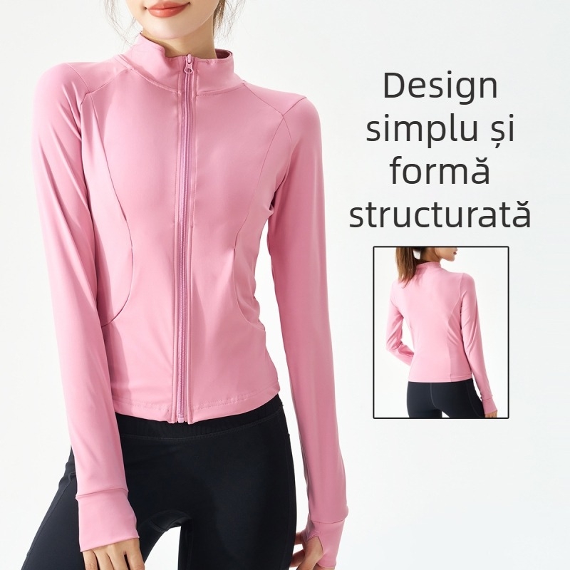 Jachetă de yoga pentru femei cu fermoar, croială slim, mâneci lungi; material exterior: nailon cu 20% elastan, căptușeală: nailon cu 80% elastan; potrivită pentru iarnă, primăvară și toamnă; pentru alergare, ciclism, drumeții