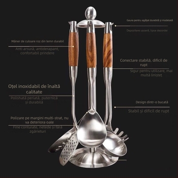 Set linguri și spatule din oțel inox cu mânere din lemn solid – anti-derapare, rezistent la căldură, izolație termică – stil modern minimalist, model GC4650121