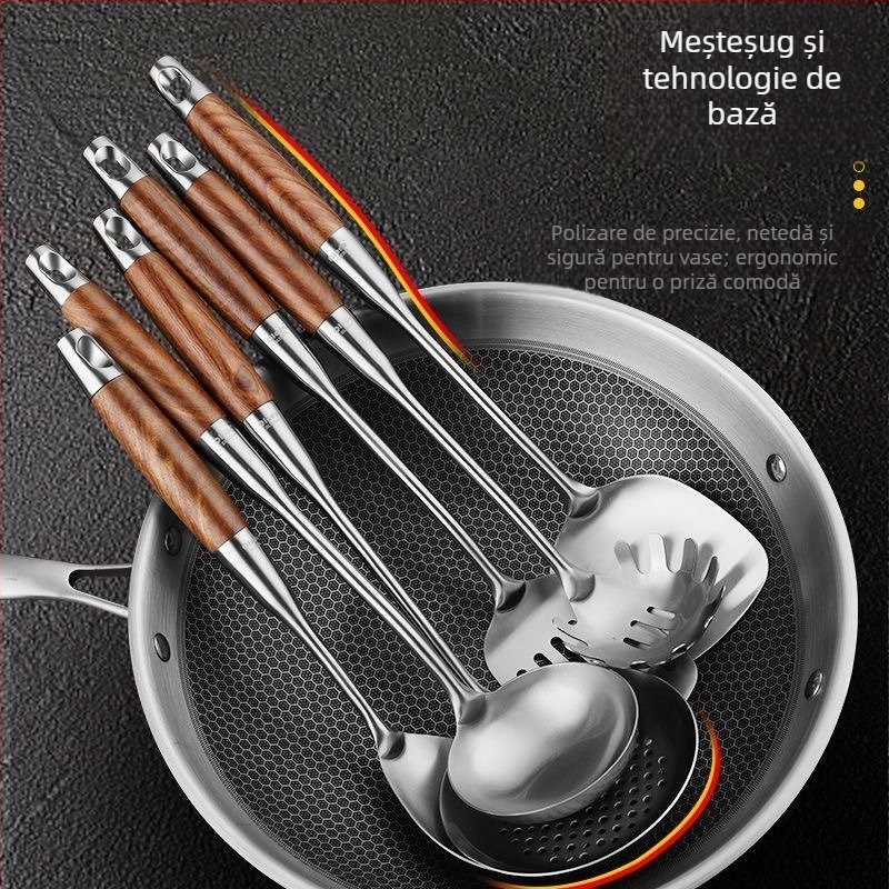 Set linguri și spatule din oțel inox cu mânere din lemn solid – anti-derapare, rezistent la căldură, izolație termică – stil modern minimalist, model GC4650121