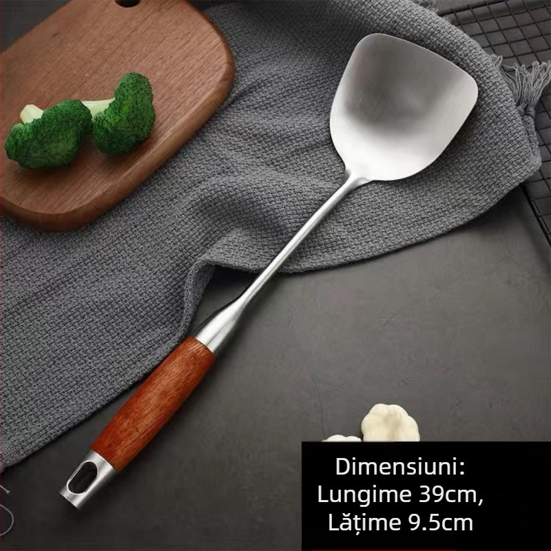 Set linguri și spatule din oțel inox cu mânere din lemn solid – anti-derapare, rezistent la căldură, izolație termică – stil modern minimalist, model GC4650121