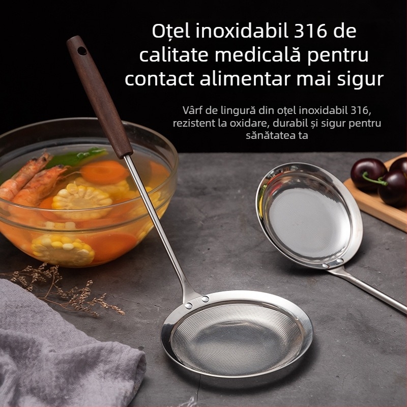 Lingură de spumă din oțel inoxidabil 316, îngroșată, cu mâner din lemn – strecurătoare cu plasă pentru prăjit