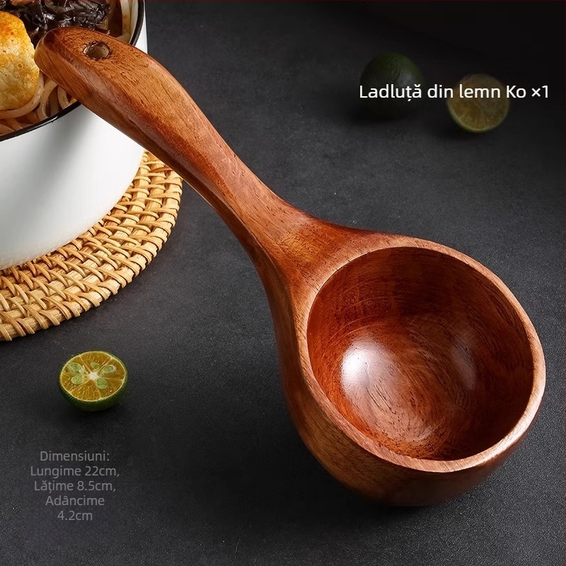 Lingură de gătit cu mâner din lemn, stil minimalist modern, mâner lung pentru tăiței și supă