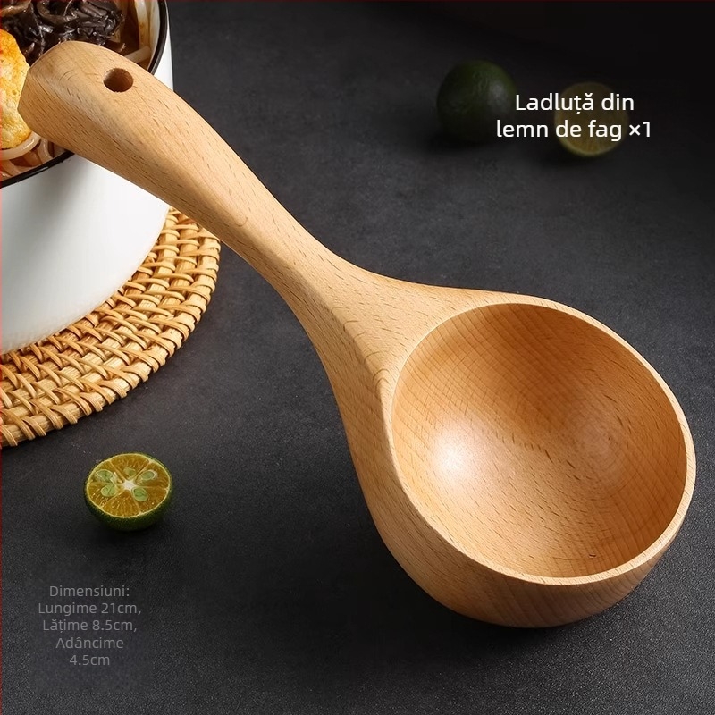 Lingură de gătit cu mâner din lemn, stil minimalist modern, mâner lung pentru tăiței și supă