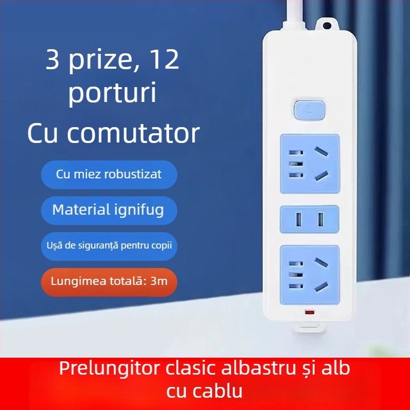 Prelungitor cu 12 prize, 10A, 250V, Standard Național