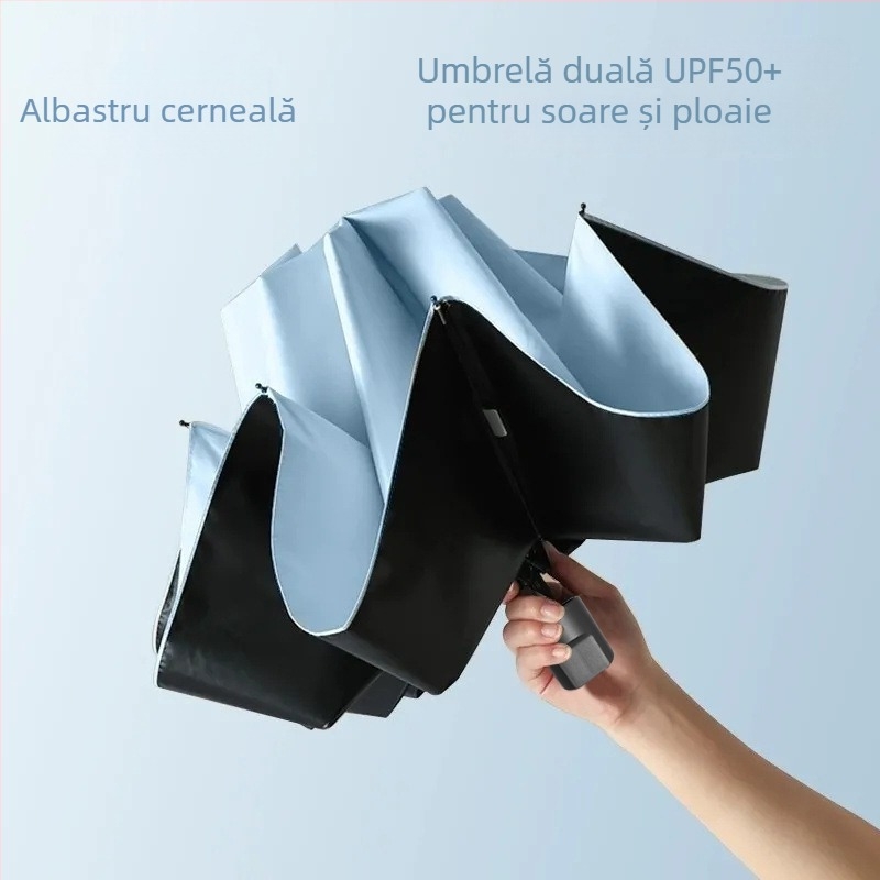 Umbrelă pliabilă cu 3 părți, 8 arcuri, deschidere automată, ax din oțel, UPF>50