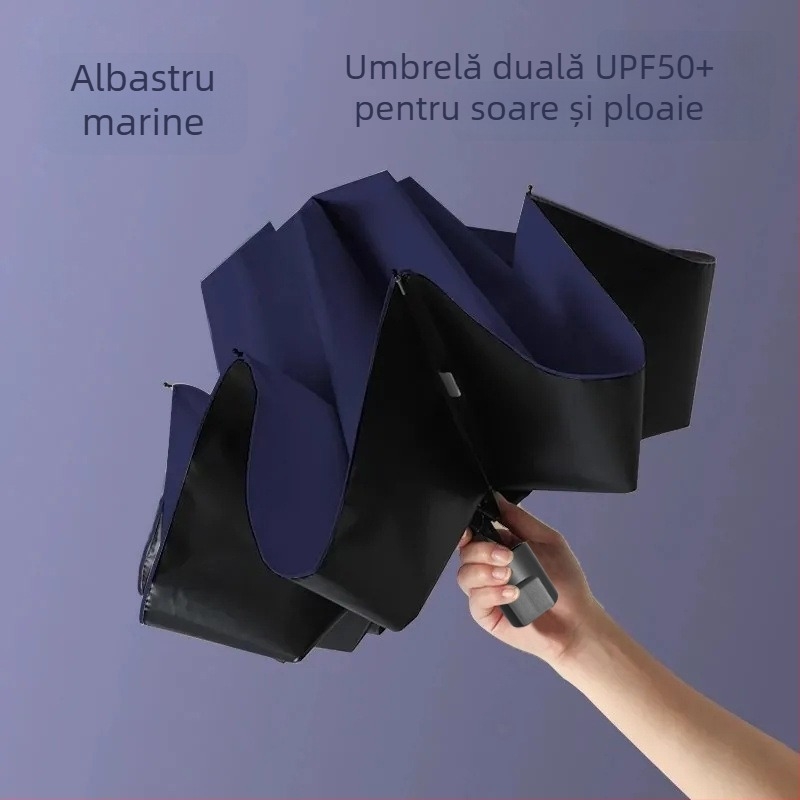 Umbrelă pliabilă cu 3 părți, 8 arcuri, deschidere automată, ax din oțel, UPF>50