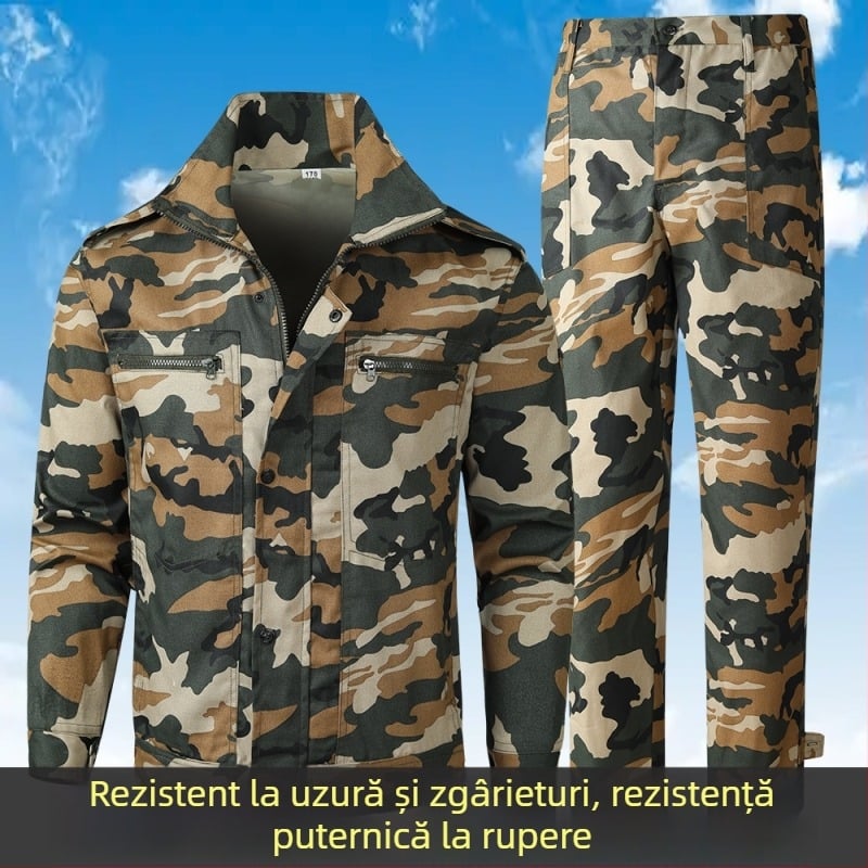 Îmbrăcăminte camuflaj pentru activități în aer liber — respirabilă, rezistentă la abraziune; Model camuflaj; Material: fibră chimică; Sezoane: vară, primăvară, toamnă; Potrivit pentru alergare, drumeții și tir.