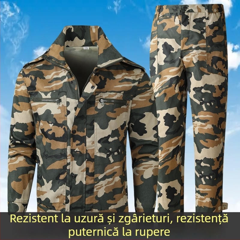 Îmbrăcăminte camuflaj pentru activități în aer liber — respirabilă, rezistentă la abraziune; Model camuflaj; Material: fibră chimică; Sezoane: vară, primăvară, toamnă; Potrivit pentru alergare, drumeții și tir.