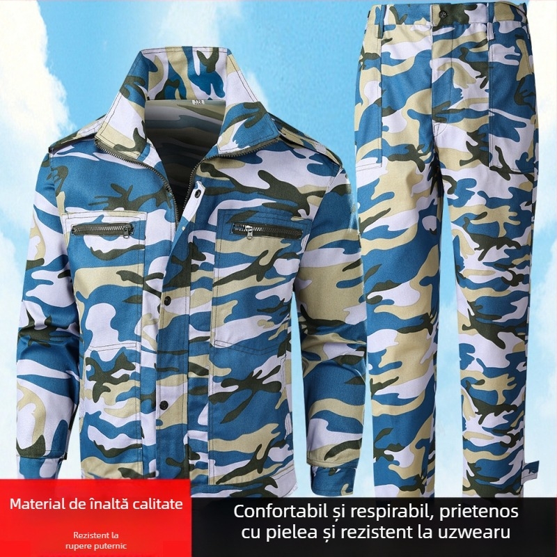 Îmbrăcăminte camuflaj pentru activități în aer liber — respirabilă, rezistentă la abraziune; Model camuflaj; Material: fibră chimică; Sezoane: vară, primăvară, toamnă; Potrivit pentru alergare, drumeții și tir.