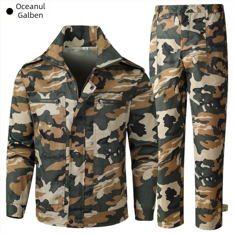 Îmbrăcăminte camuflaj pentru activități în aer liber — respirabilă, rezistentă la abraziune; Model camuflaj; Material: fibră chimică; Sezoane: vară, primăvară, toamnă; Potrivit pentru alergare, drumeții și tir.