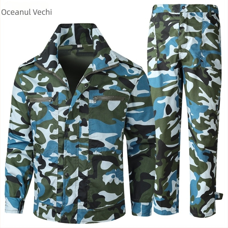 Îmbrăcăminte camuflaj pentru activități în aer liber — respirabilă, rezistentă la abraziune; Model camuflaj; Material: fibră chimică; Sezoane: vară, primăvară, toamnă; Potrivit pentru alergare, drumeții și tir.