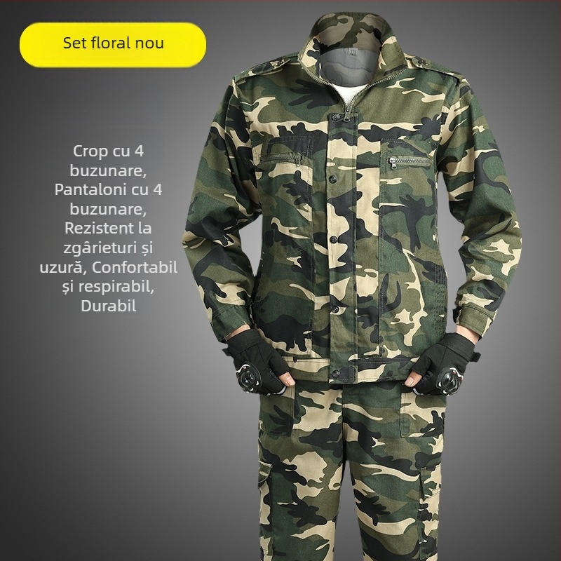 Îmbrăcăminte camuflaj pentru activități în aer liber — respirabilă, rezistentă la abraziune; Model camuflaj; Material: fibră chimică; Sezoane: vară, primăvară, toamnă; Potrivit pentru alergare, drumeții și tir.