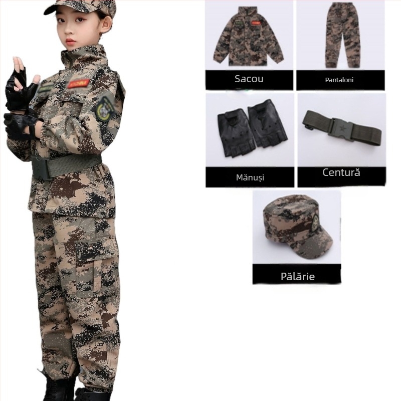 Uniformă militară camuflaj pentru copii - Unisex, material din amestec de bumbac, uscare rapidă, respirabil, absorbție a umidității, model camuflaj