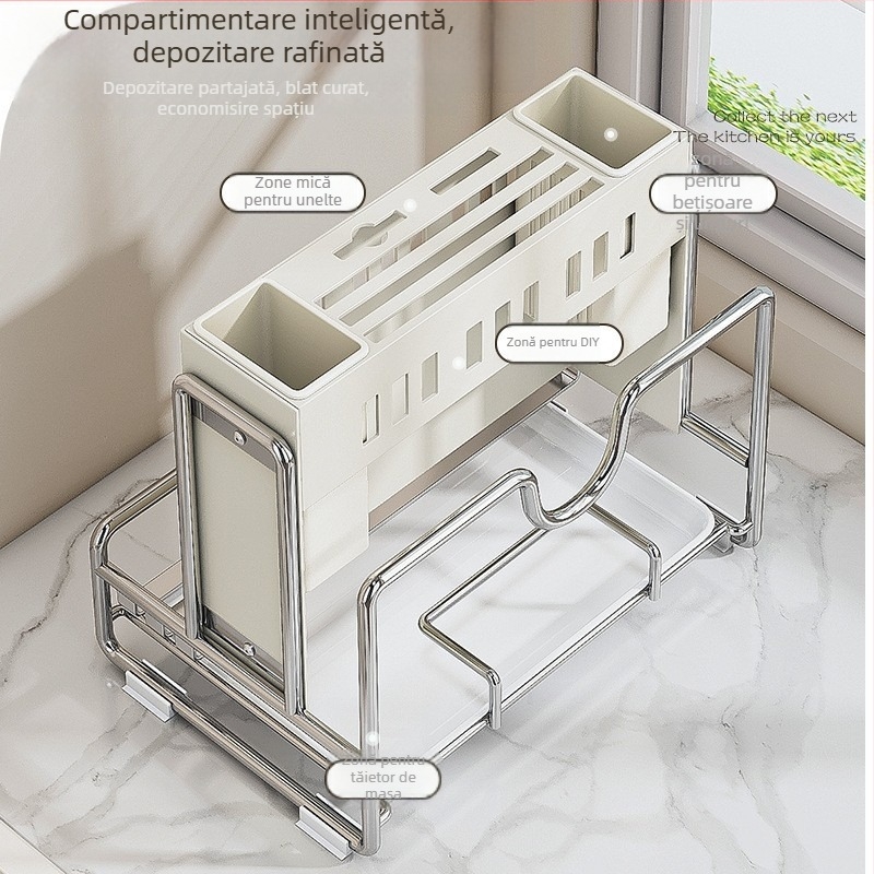 Suport de bucătărie multifuncțional pentru cuțite pe blat cu drenaj — mobil, din oțel carbon, cu suport pentru bețișoare și suport pentru plăci de tăiat