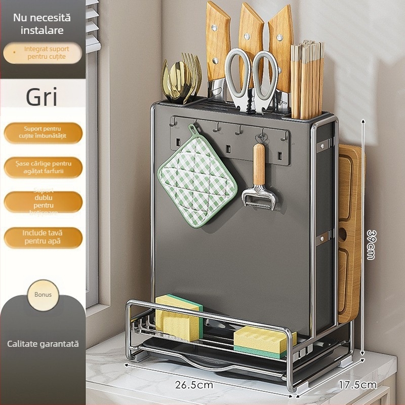 Suport de bucătărie multifuncțional pentru cuțite pe blat cu drenaj — mobil, din oțel carbon, cu suport pentru bețișoare și suport pentru plăci de tăiat