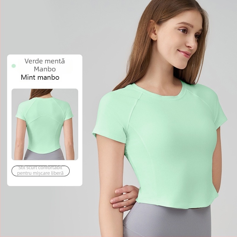 Top sportiv SNU Naked-Feel, croială Slim-Fit – mâneca scurtă, lungime talie, din nylon 91%/spandex 9%, pentru alergare, fitness și yoga