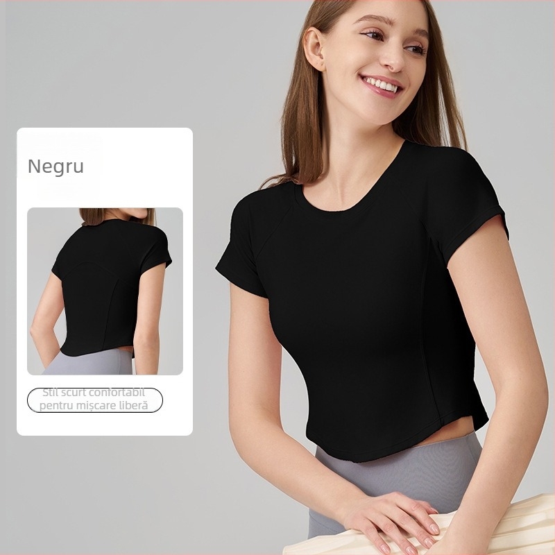 Top sportiv SNU Naked-Feel, croială Slim-Fit – mâneca scurtă, lungime talie, din nylon 91%/spandex 9%, pentru alergare, fitness și yoga