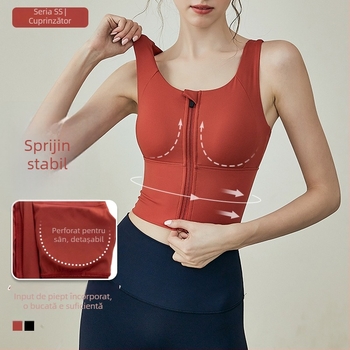 Sutien sport cu fermoar frontal pentru femei — susținere înaltă, antișoc, cupă 3/4 cu formă medie, bretele fixe dublu, material nylon-spandex