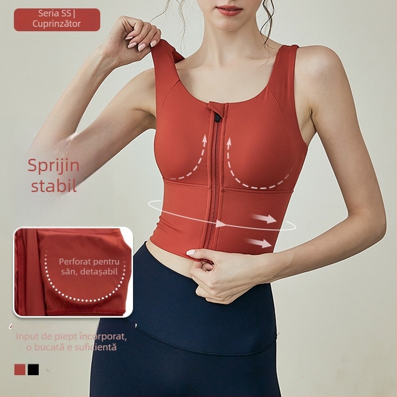 Sutien sport cu fermoar frontal pentru femei — susținere înaltă, antișoc, cupă 3/4 cu formă medie, bretele fixe dublu, material nylon-spandex