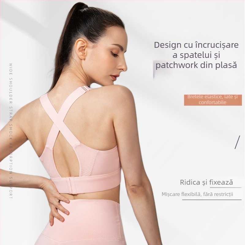 Bustier sport cupe complet modelate, țesătură din nailon cu căptușeală din spandex, bretele detașabile, închidere la spate cu trei rânduri de cârlige; potrivit pentru alergare și fitness.