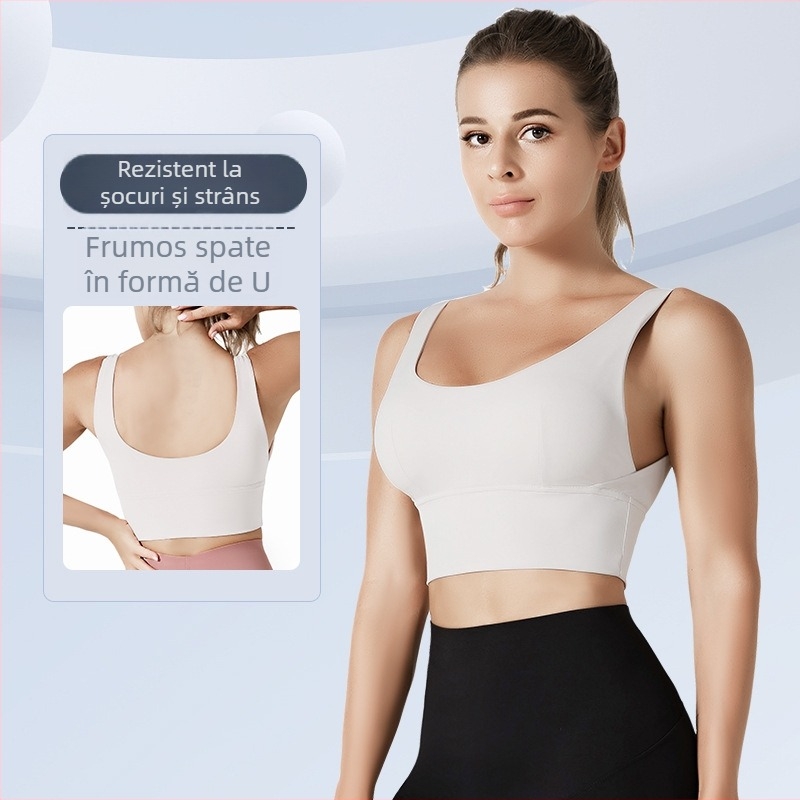 Sutien sport pentru alergare și yoga, cupe 3/4 modelate, design spate ergonomic, material nylon/spandex, bretele fixe cu dublu sistem