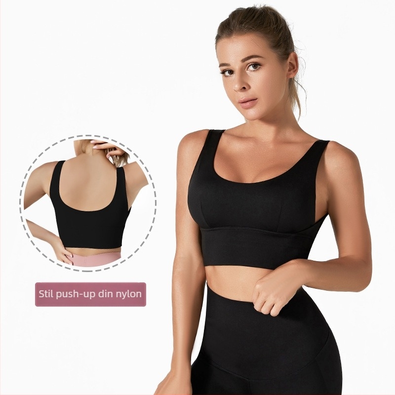 Sutien sport pentru alergare și yoga, cupe 3/4 modelate, design spate ergonomic, material nylon/spandex, bretele fixe cu dublu sistem