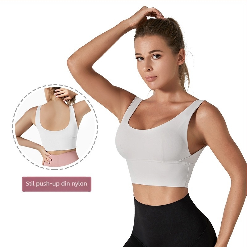 Sutien sport pentru alergare și yoga, cupe 3/4 modelate, design spate ergonomic, material nylon/spandex, bretele fixe cu dublu sistem