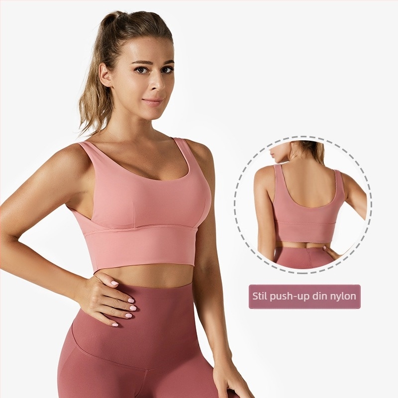 Sutien sport pentru alergare și yoga, cupe 3/4 modelate, design spate ergonomic, material nylon/spandex, bretele fixe cu dublu sistem