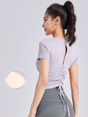 Tricou de yoga pentru femei, cu perne pentru bust, bretele cu șnur, mâneci scurte, croială strânsă (Respirabil • Poliester + Spandex • 82.5% + 17.5% • Mâneci scurte • Croială Strânsă)