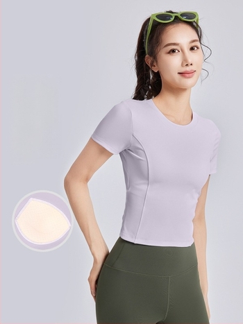 Tricou de yoga pentru femei, cu perne pentru bust, bretele cu șnur, mâneci scurte, croială strânsă (Respirabil • Poliester + Spandex • 82.5% + 17.5% • Mâneci scurte • Croială Strânsă)