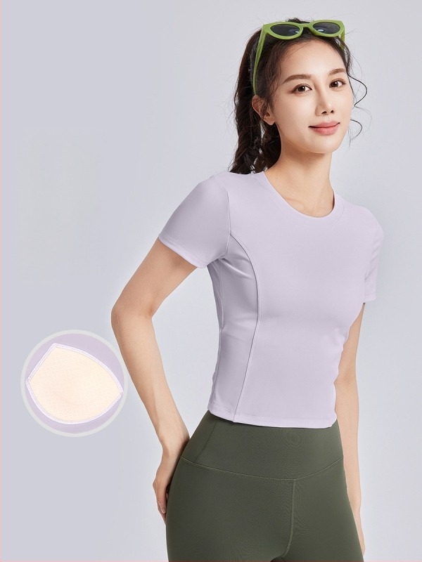 Tricou de yoga pentru femei, cu perne pentru bust, bretele cu șnur, mâneci scurte, croială strânsă (Respirabil • Poliester + Spandex • 82.5% + 17.5% • Mâneci scurte • Croială Strânsă)