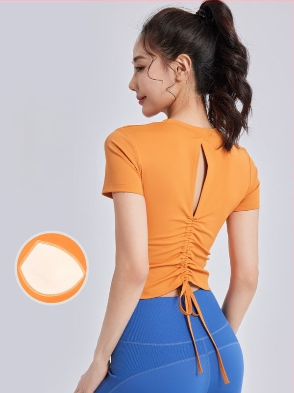 Tricou de yoga pentru femei, cu perne pentru bust, bretele cu șnur, mâneci scurte, croială strânsă (Respirabil • Poliester + Spandex • 82.5% + 17.5% • Mâneci scurte • Croială Strânsă)