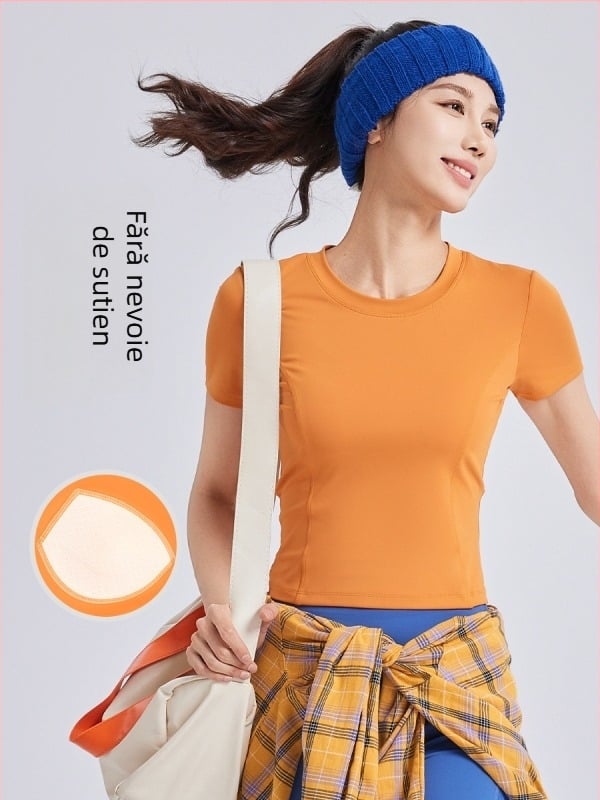 Tricou de yoga pentru femei, cu perne pentru bust, bretele cu șnur, mâneci scurte, croială strânsă (Respirabil • Poliester + Spandex • 82.5% + 17.5% • Mâneci scurte • Croială Strânsă)