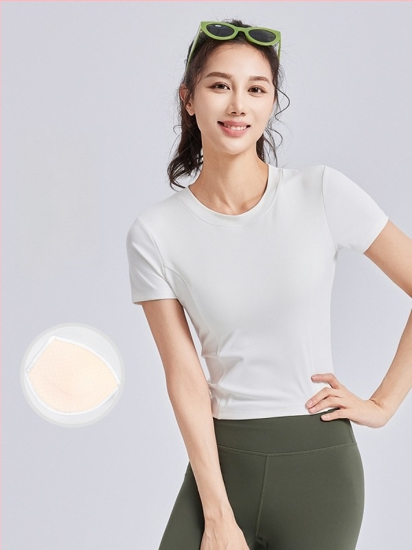 Tricou de yoga pentru femei, cu perne pentru bust, bretele cu șnur, mâneci scurte, croială strânsă (Respirabil • Poliester + Spandex • 82.5% + 17.5% • Mâneci scurte • Croială Strânsă)