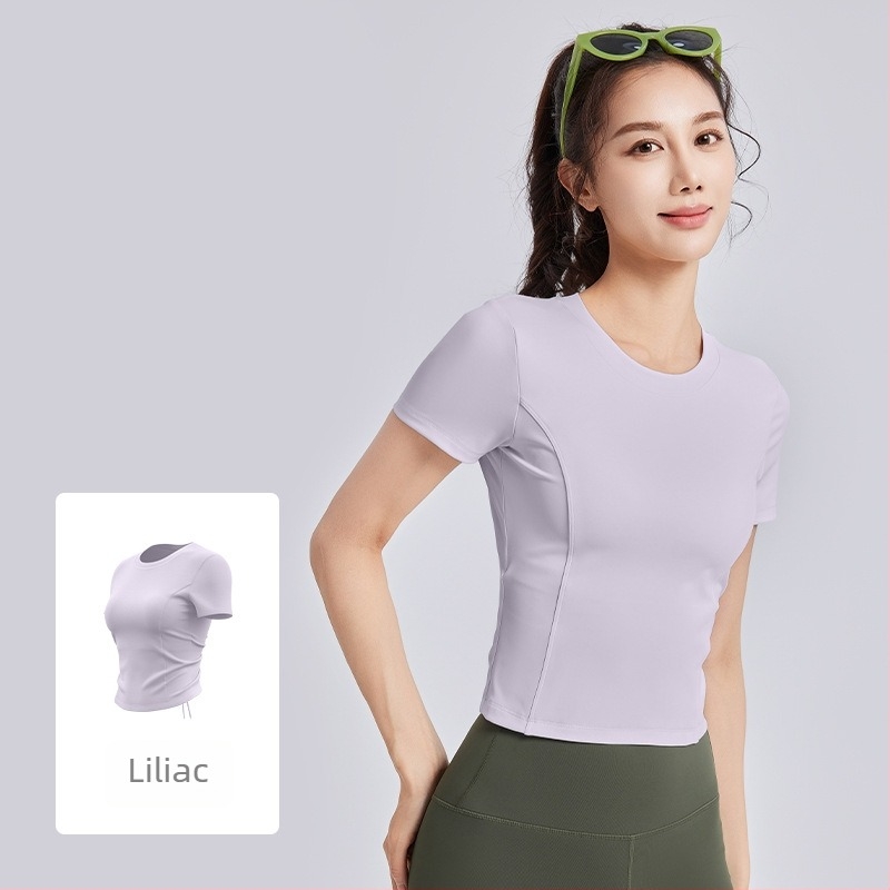 Tricou de yoga pentru femei, cu perne pentru bust, bretele cu șnur, mâneci scurte, croială strânsă (Respirabil • Poliester + Spandex • 82.5% + 17.5% • Mâneci scurte • Croială Strânsă)