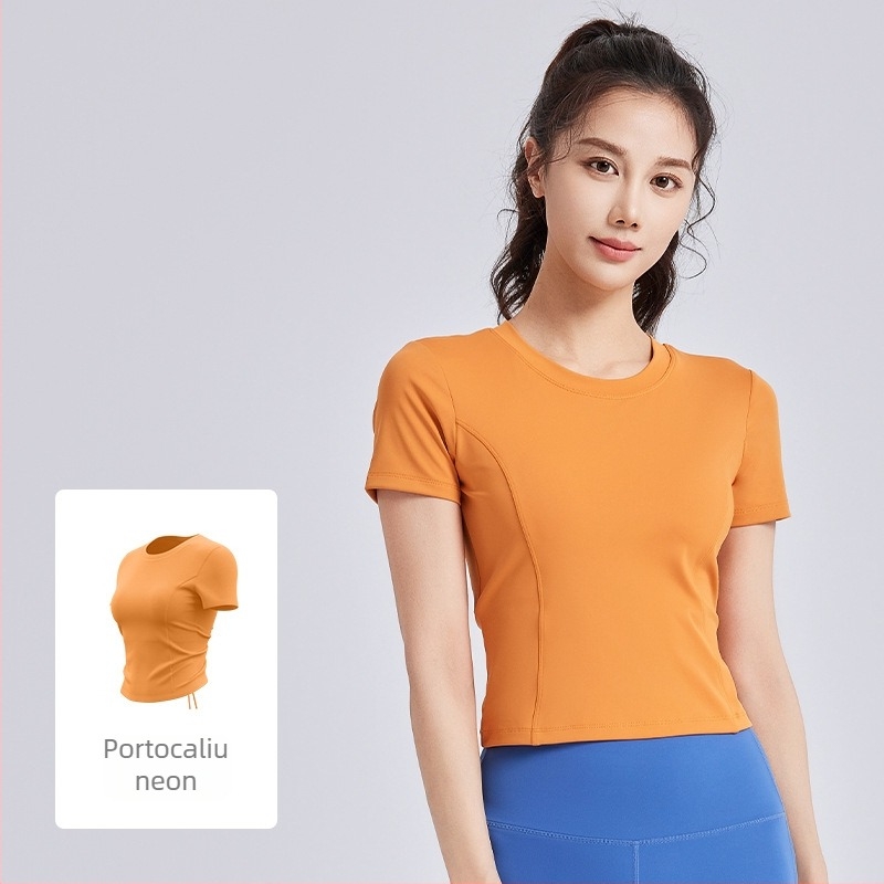 Tricou de yoga pentru femei, cu perne pentru bust, bretele cu șnur, mâneci scurte, croială strânsă (Respirabil • Poliester + Spandex • 82.5% + 17.5% • Mâneci scurte • Croială Strânsă)