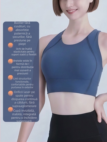 Sutien sport din nylon 75% cu căptușeală din spandex 25%, cupă completă cu formă medie, bretele fixe în pereche, design dintr-un singur corp, potrivit pentru alergare și fitness