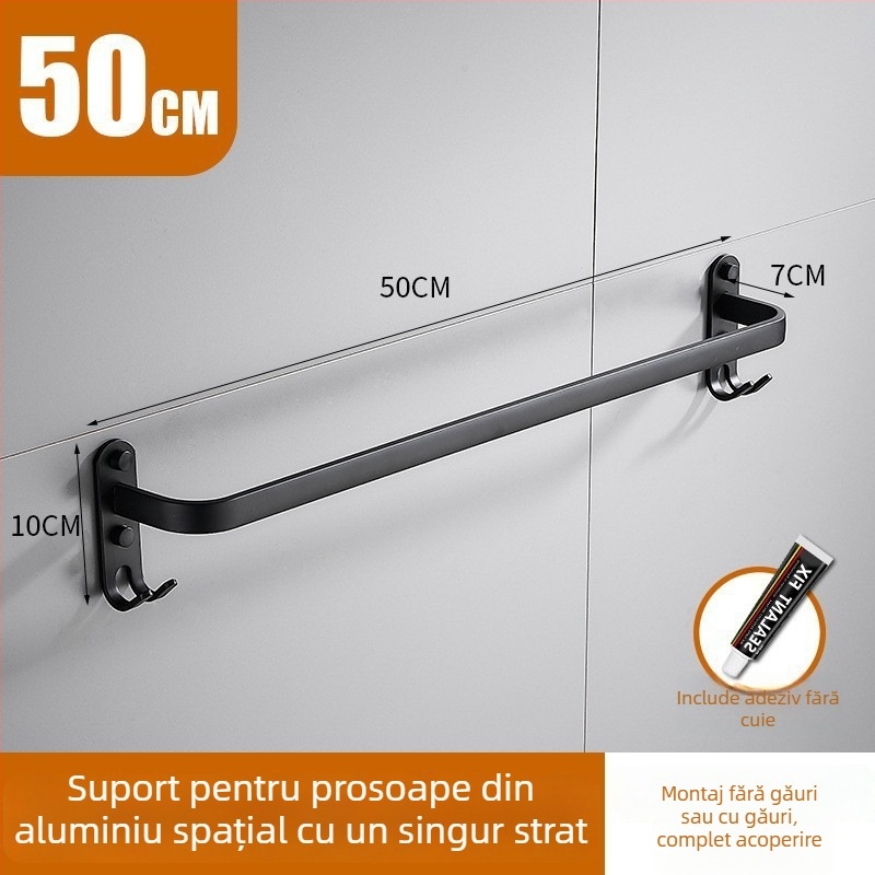 Suport de prosoape din aluminiu, montaj fără găuri, cu 3 brațe, rezistent la ruginire, finisaj din plastic pulverizat