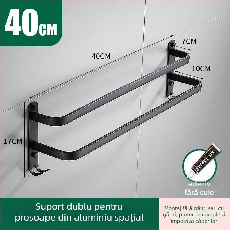 Suport de prosoape din aluminiu, montaj fără găuri, cu 3 brațe, rezistent la ruginire, finisaj din plastic pulverizat