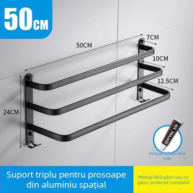 Suport de prosoape din aluminiu, montaj fără găuri, cu 3 brațe, rezistent la ruginire, finisaj din plastic pulverizat