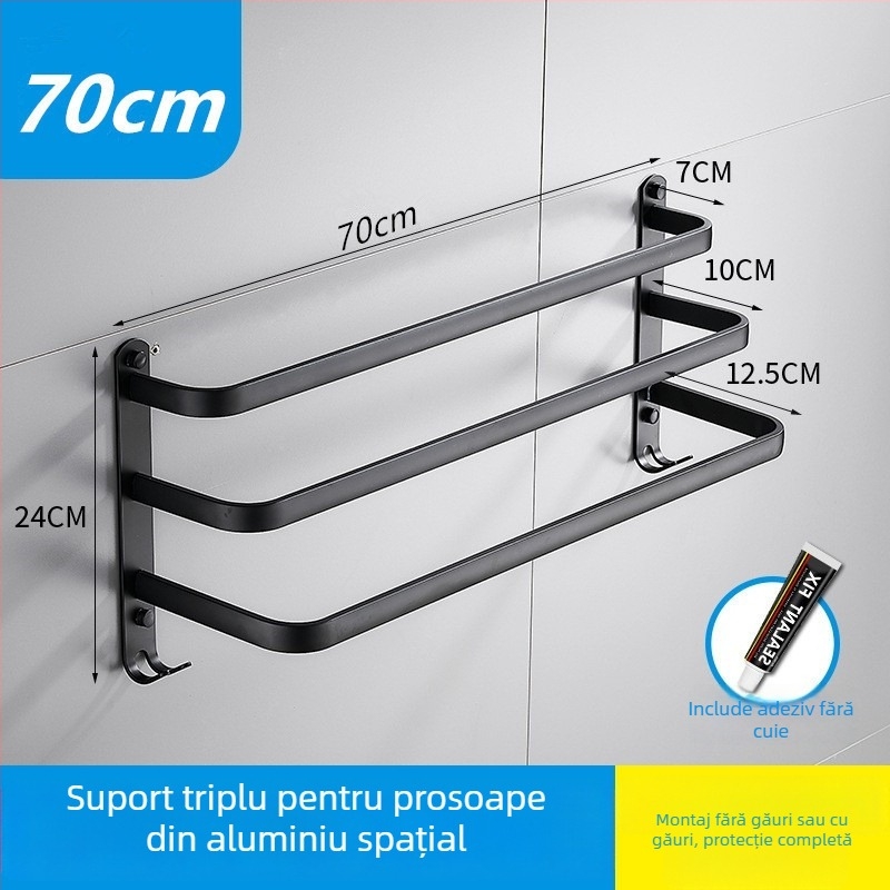Suport de prosoape din aluminiu, montaj fără găuri, cu 3 brațe, rezistent la ruginire, finisaj din plastic pulverizat