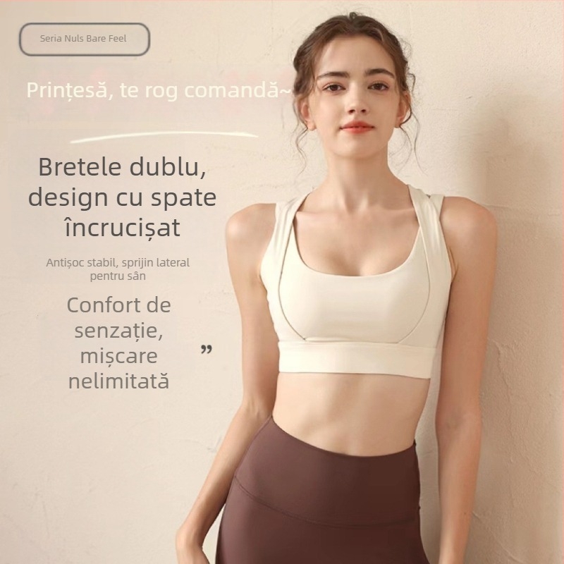 Bustier sport pentru femei, căptușit, pentru alergare – poate fi purtat ca top exterior – cupă completă, cupă turnată, bretele fixe în dublu, închidere în spate cu trei rânduri de cârlige; Material principal: nailon 75%, căptușeală spandex 25%