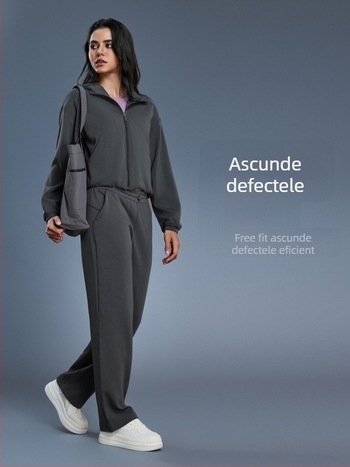 Hanorac de damă cu glugă și fermoar, croială lejeră pentru alergare și fitness, țesătură din amestec de bumbac cu 52% poliester, căptușeală din bumbac, toamnă-iarnă.