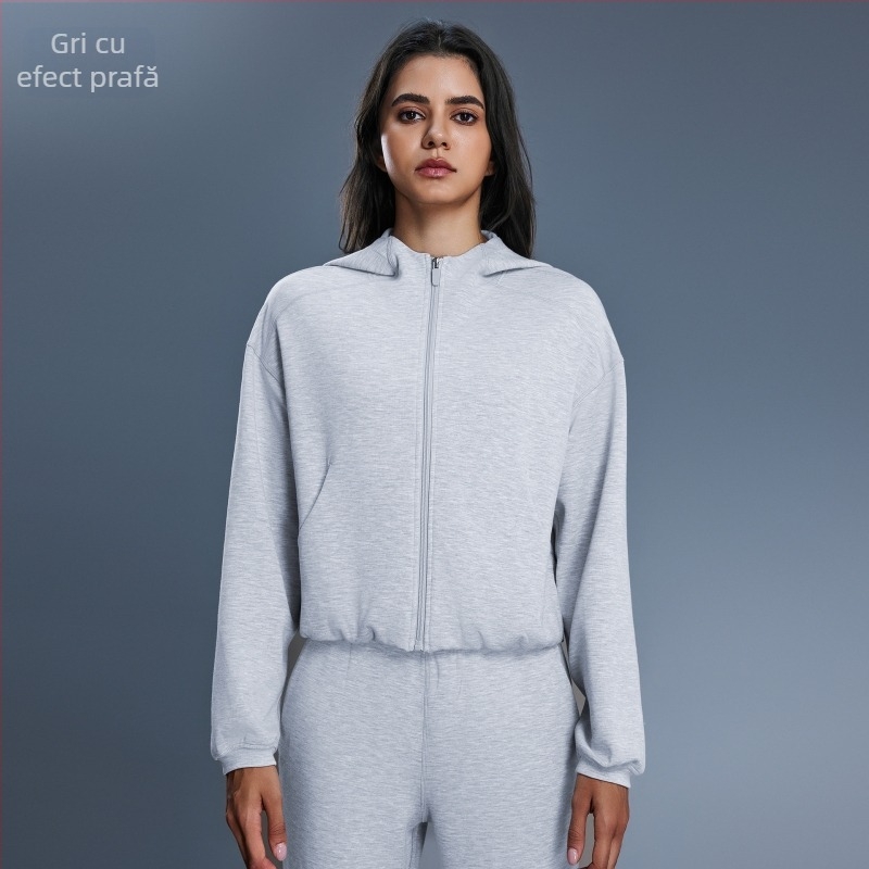 Hanorac de damă cu glugă și fermoar, croială lejeră pentru alergare și fitness, țesătură din amestec de bumbac cu 52% poliester, căptușeală din bumbac, toamnă-iarnă.