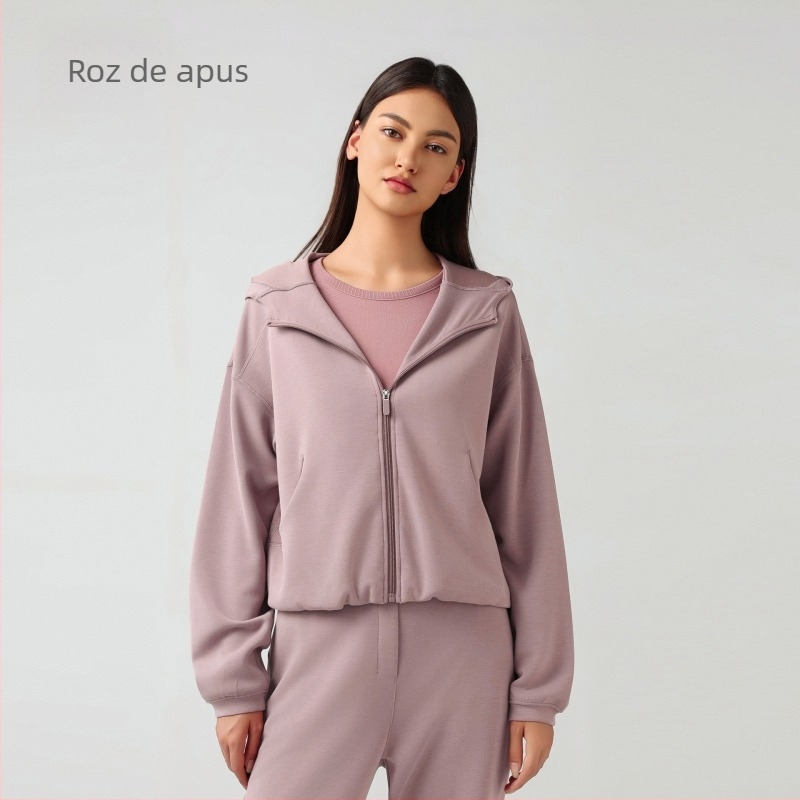 Hanorac de damă cu glugă și fermoar, croială lejeră pentru alergare și fitness, țesătură din amestec de bumbac cu 52% poliester, căptușeală din bumbac, toamnă-iarnă.