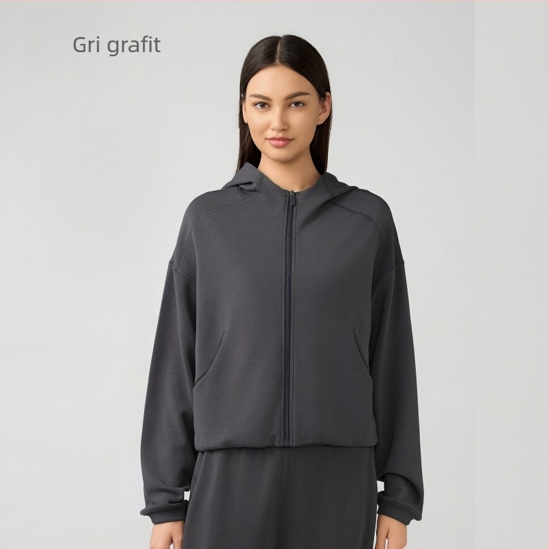 Hanorac de damă cu glugă și fermoar, croială lejeră pentru alergare și fitness, țesătură din amestec de bumbac cu 52% poliester, căptușeală din bumbac, toamnă-iarnă.