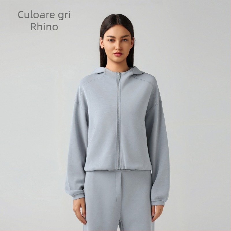 Hanorac de damă cu glugă și fermoar, croială lejeră pentru alergare și fitness, țesătură din amestec de bumbac cu 52% poliester, căptușeală din bumbac, toamnă-iarnă.