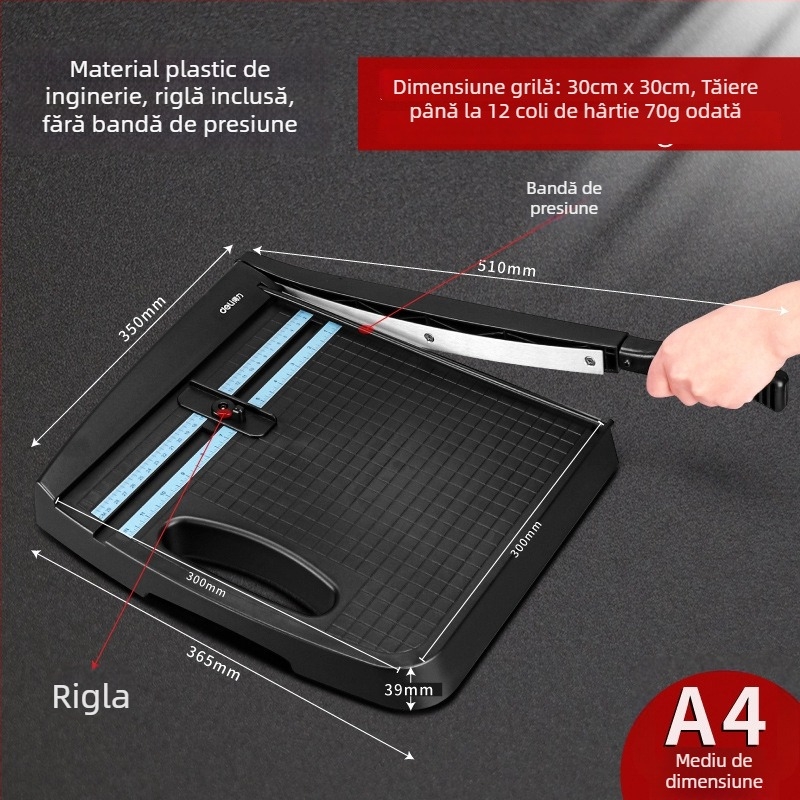 Deli 8051A Tăietor de hârtie A4 – portabil, corp din plastic, model 8051A, dimensiune maximă de tăiere A4